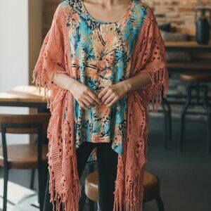 Upcycled Coral Turquoise T Shirt Poncho